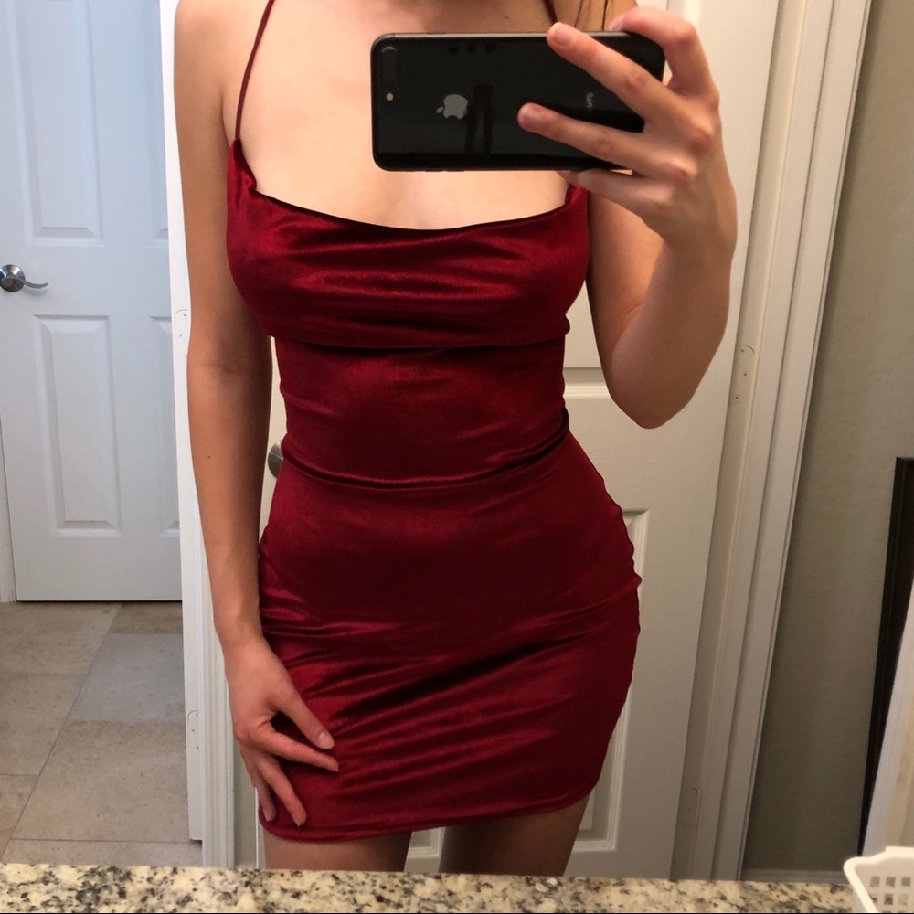 Wine red velvet mini dress